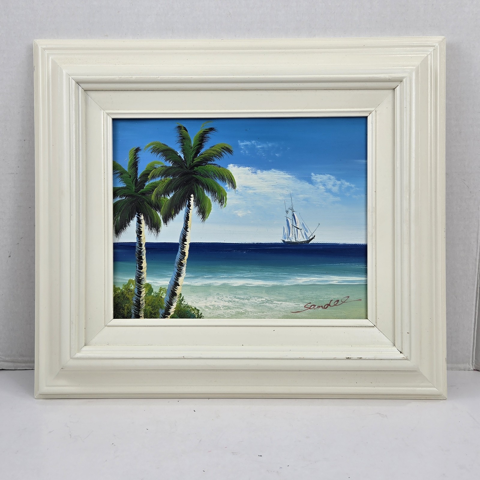 Framed Original Painting On Canvas Tropical Seascape Ship Palm Tree Signed 8×10