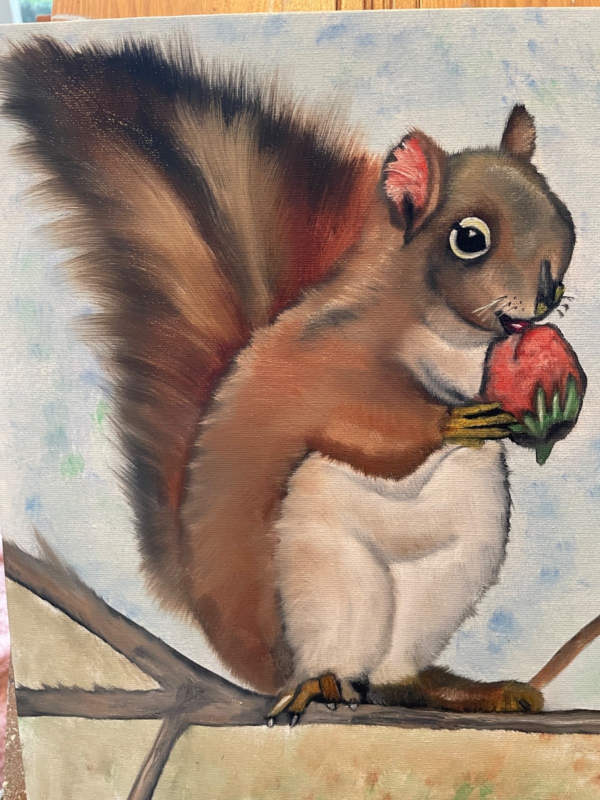 Original oil painting signed 11 x 14 in cute squirrel eating a strawberry