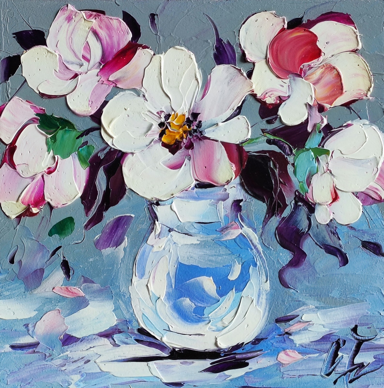 original oil painting Magnolia Pink Flowers Impasto Floral Small Art 6*6 inch