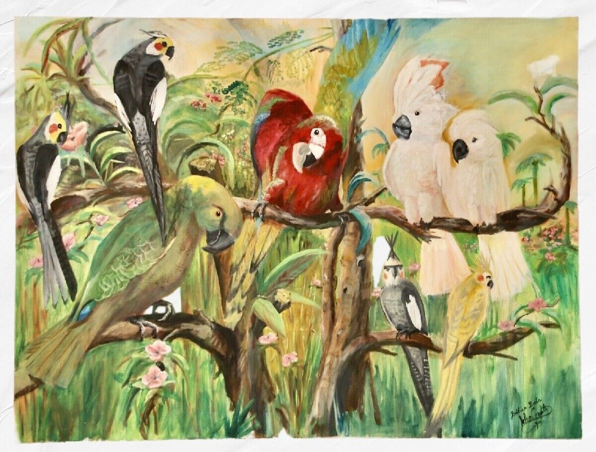 Signed ‘Bobbie’s Birds’ Vintage Original Oil Painting 36″x48″ Tropical Landscape