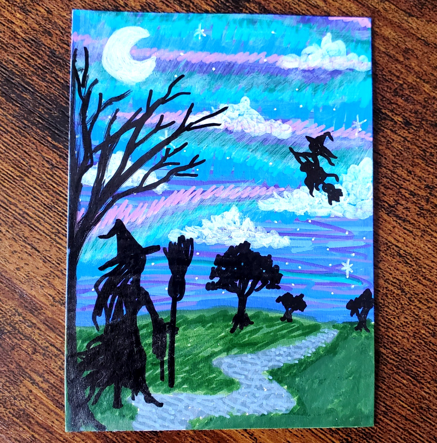 ACEO Original Art Card, Witches in the Moonlight, OOAK Painting