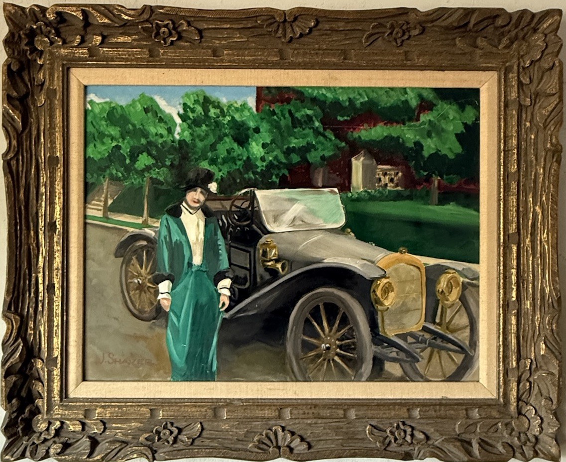 JAMES SHAVER ANTIQUE FIGURATIVE AUTOMOBILE LANDSCAPE OIL PAINTING VINTAGE CAR 40