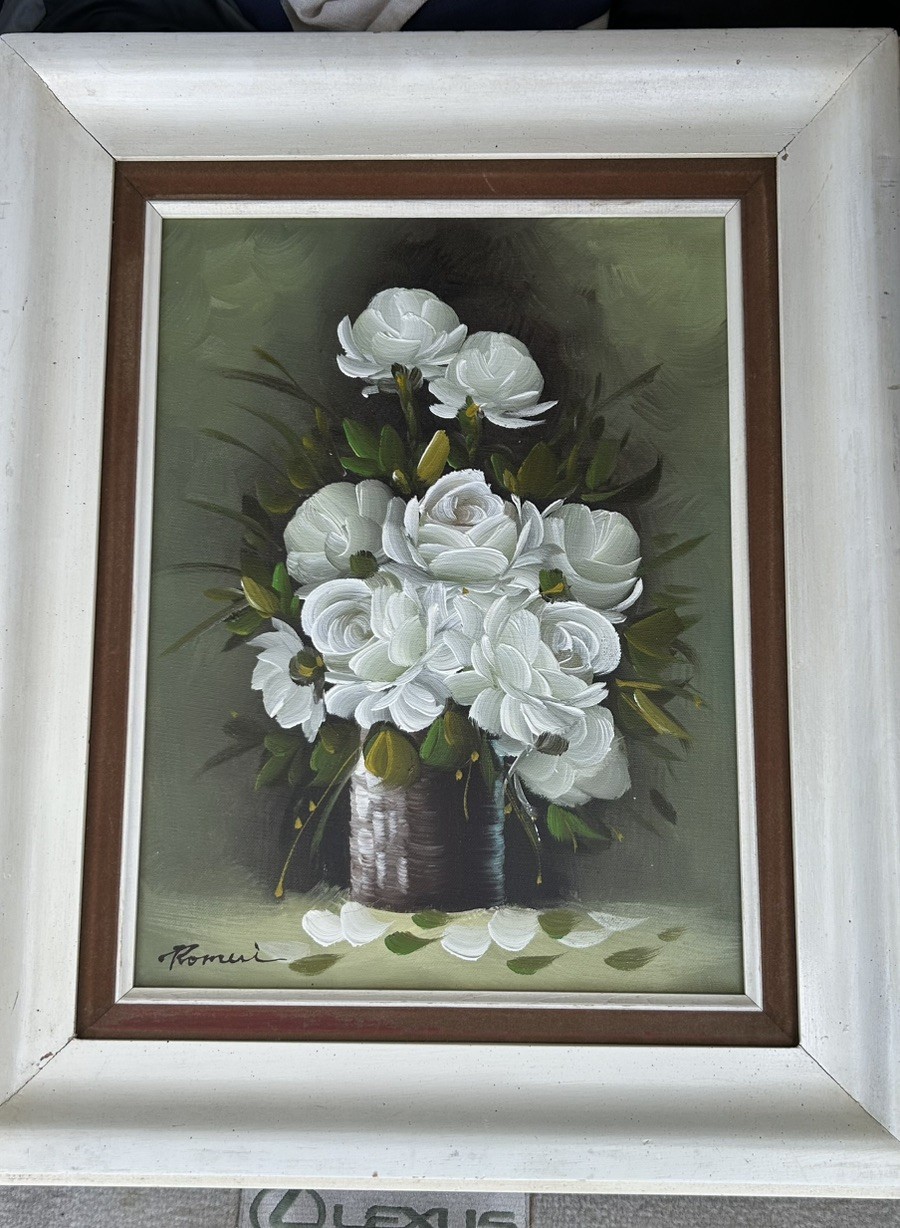 VINTAGE Oil Painting Canvas WHITE ROSES Wedding Signed Floral