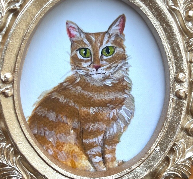 Tabby Cat watercolor art print in mini gold ornate frame, Gift, Decor, Pet