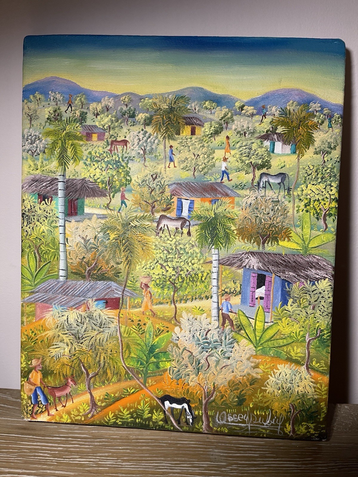 Vintage Ossey Dubic Haitian Folk Art Original Painting Village Life Landscape