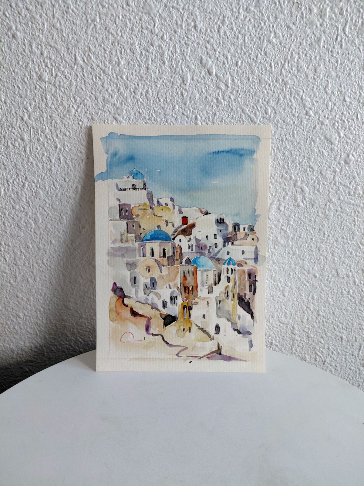 Original watercolor painting Greece Santorini landscape Seascape Signed By Artis