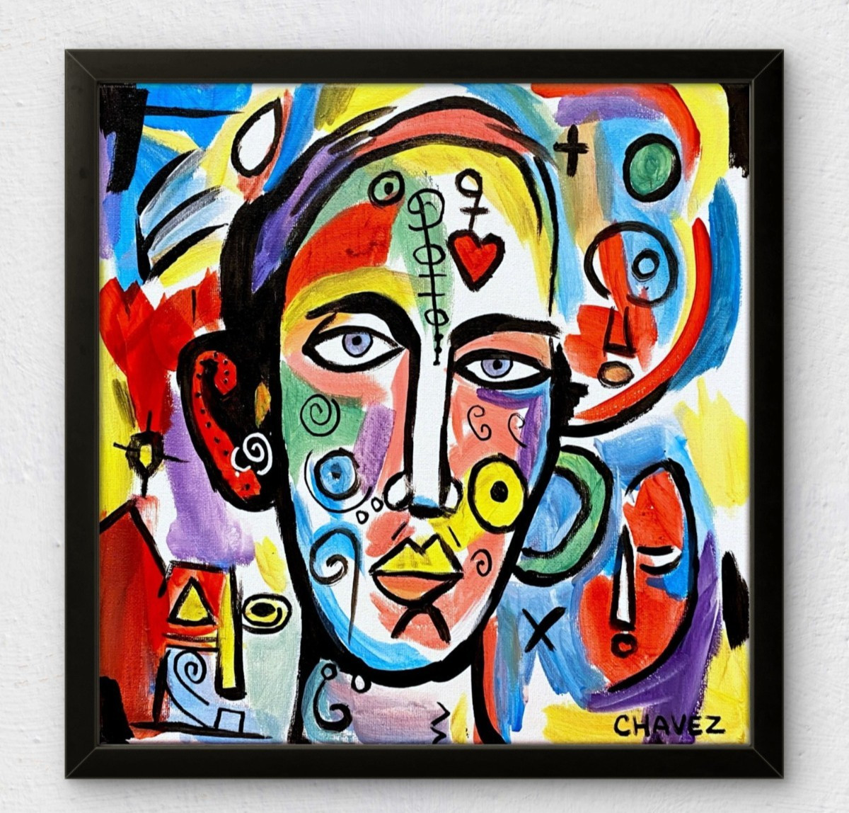 Bold Face with Color Markings – Original Neo Expressionist Painting 12×12 Canvas