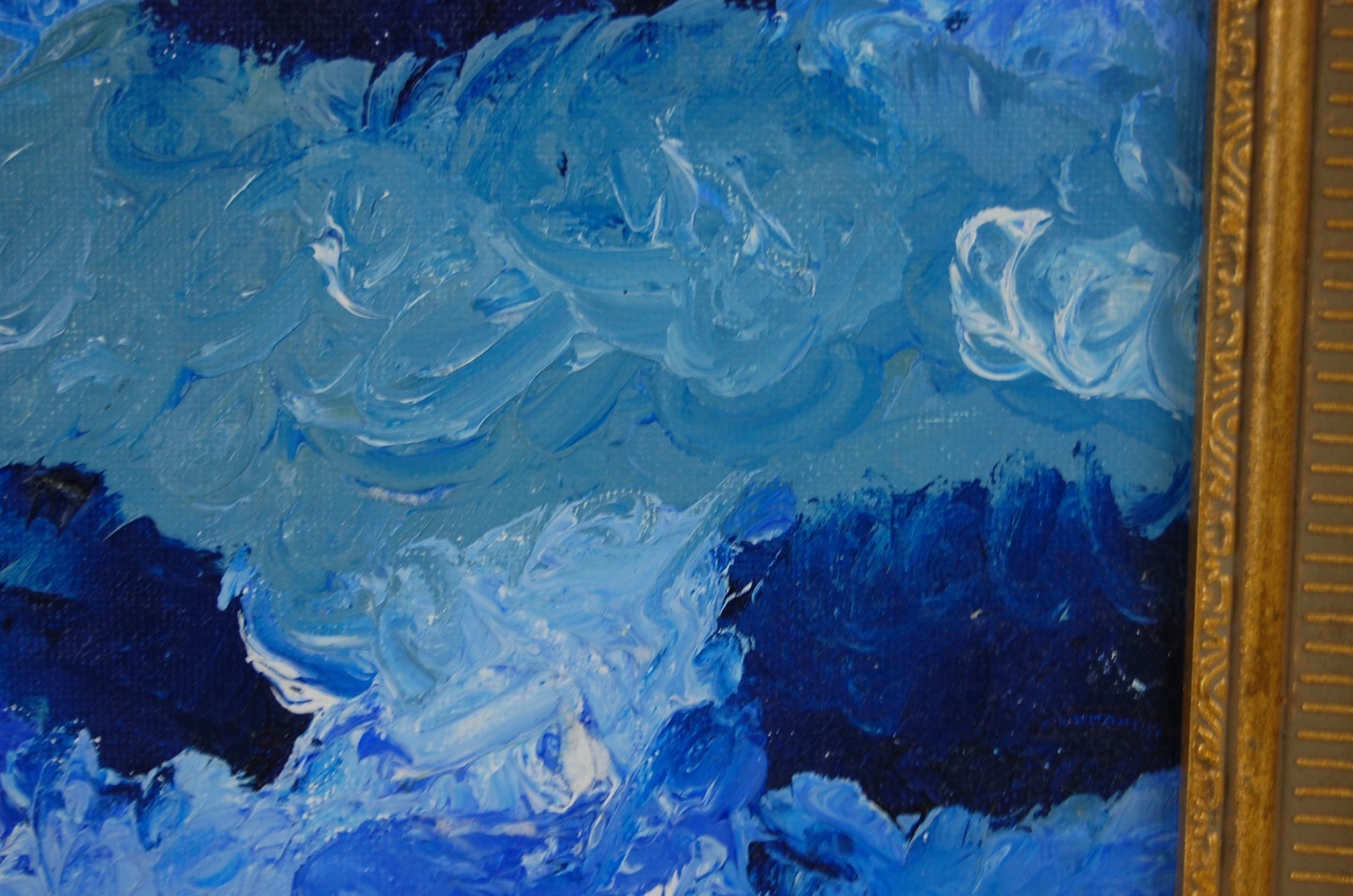 Framed Oil on Board Impressionist Abstract Blue Waves Seascape Painting 14X11