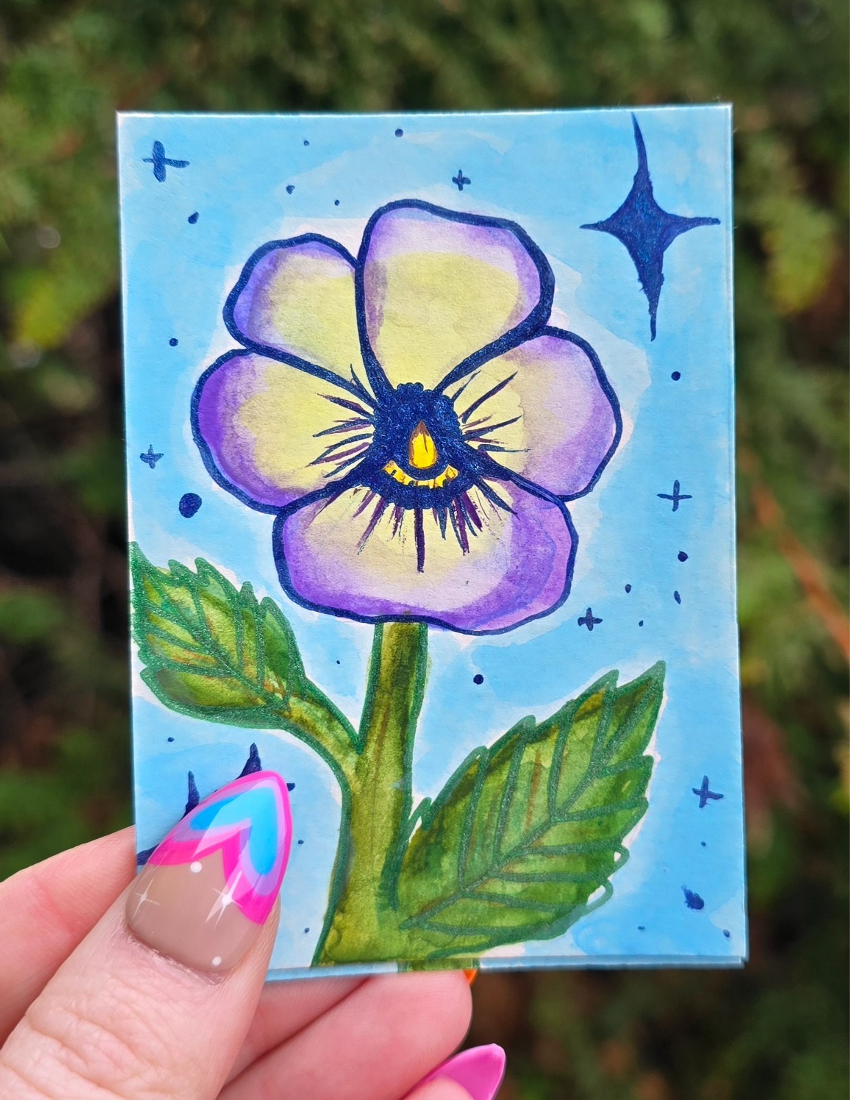 Original aceo painting metallic, flower, pansy, spring, violet, cute, sparkle