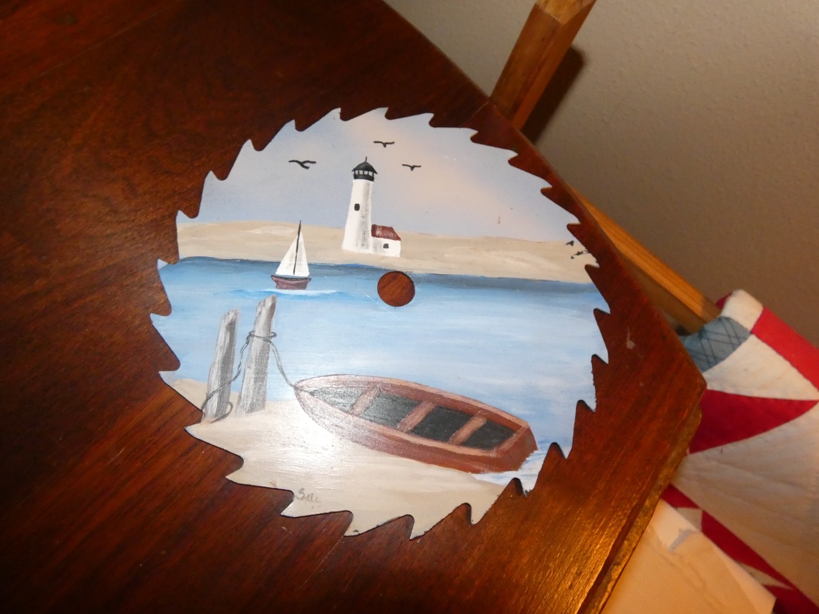 Saw Blade Original Oil Painting Artist Signed Lighthouse Reversible Lake