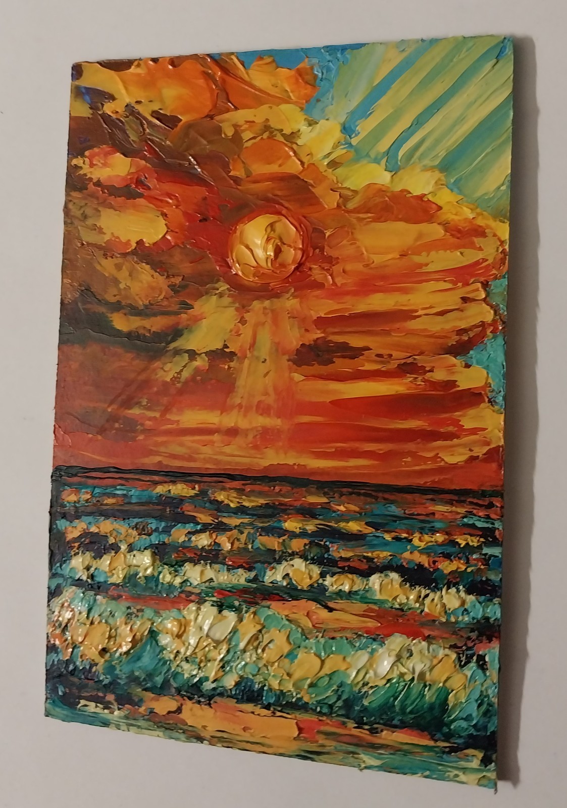 Framed Small Seascape Bright Sunset Sky Art 4×6” Impasto Original Oil Painting