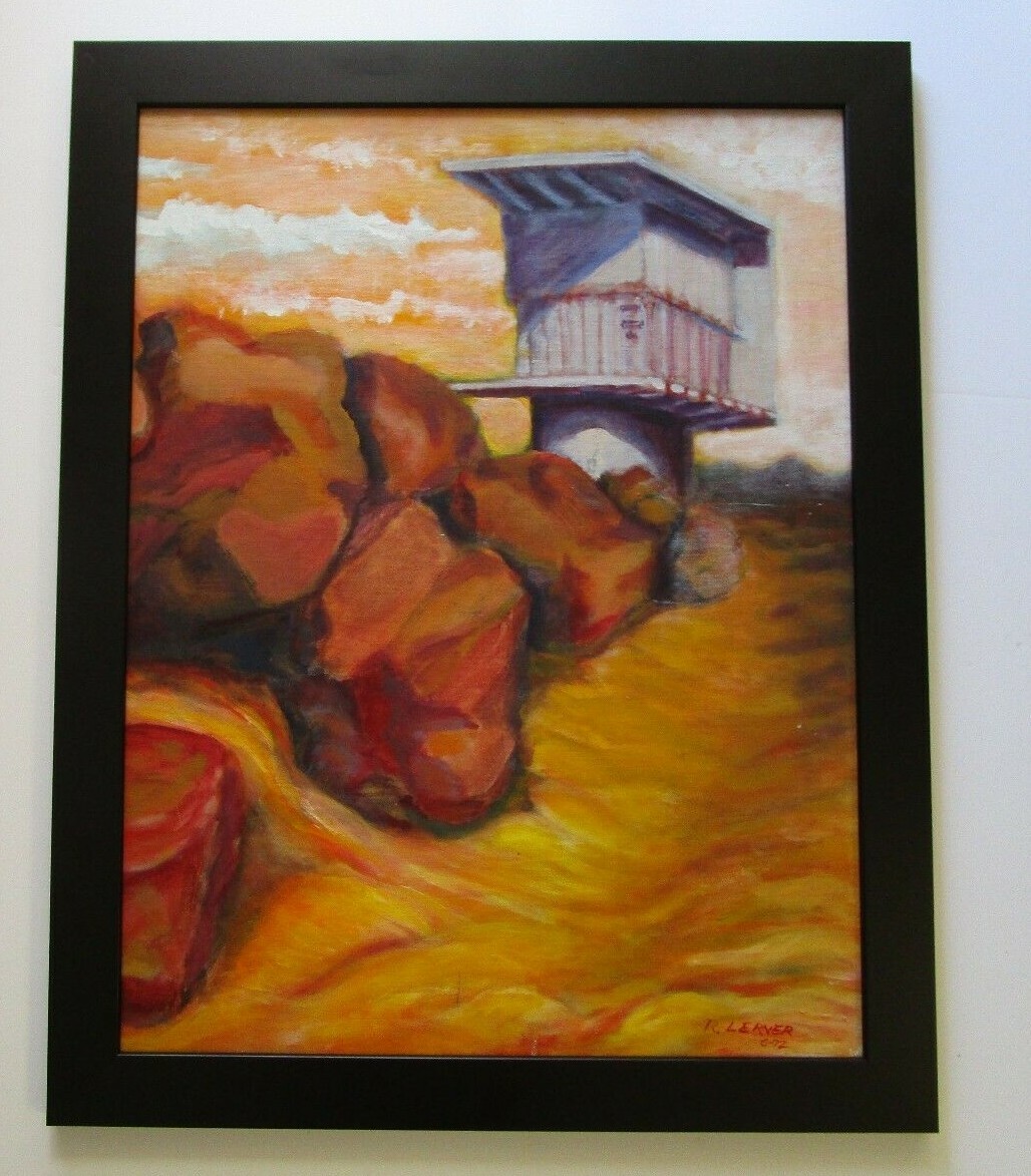 ROBERT LERNER PAINTING CALIFORNIA EXPRESSIONISM COASTAL BEACH VINTAGE 1972 MOD