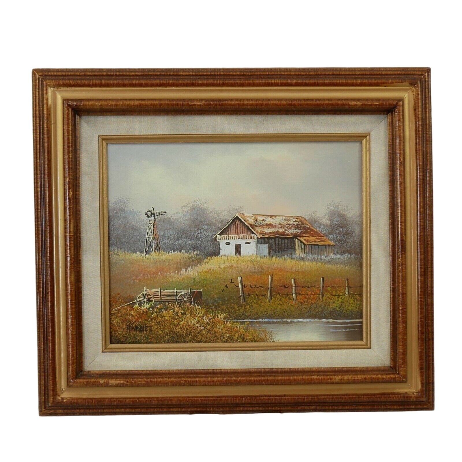 Harnet Oil Painting Windmill Buckboard Old Shed Country 8″ x 10″ Canvas Framed