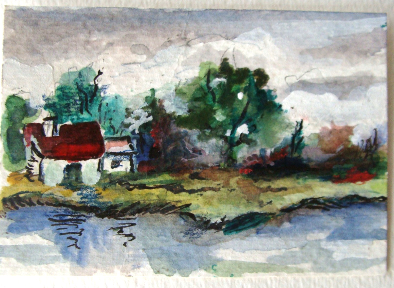 Original watercolor / ink painting on paper Lakeside cottage ACEO art Tarrantts