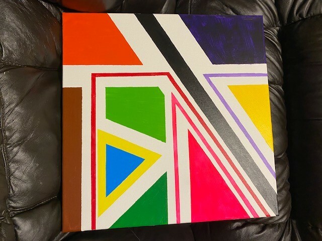 Geometric figures. Blue and yellow pyramids. Black line. SQUARES. LINES.