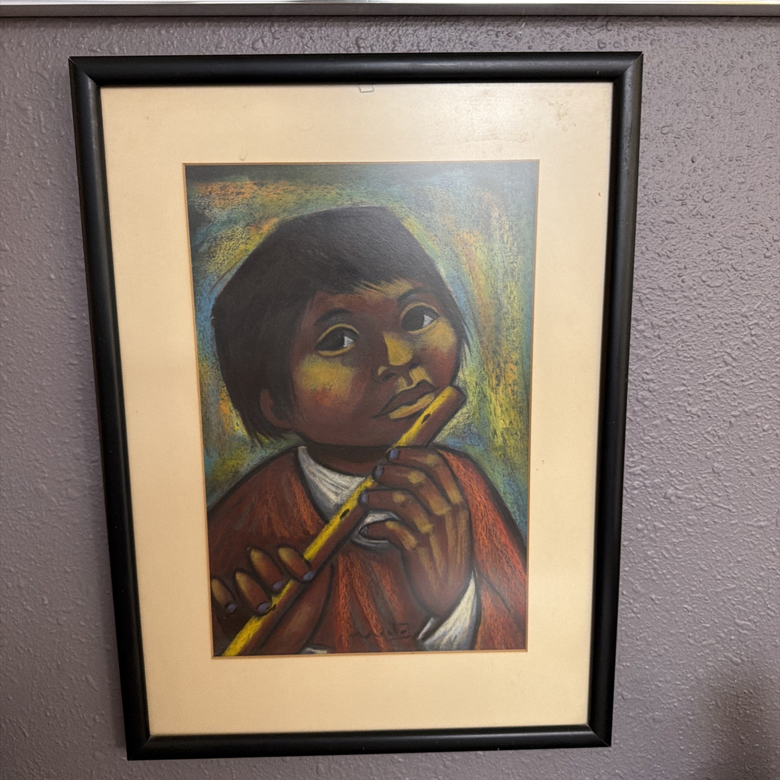 Artist Arturo Nieto Signed Painting Ecuador Artist 13” X 9” Boy Playing Flute