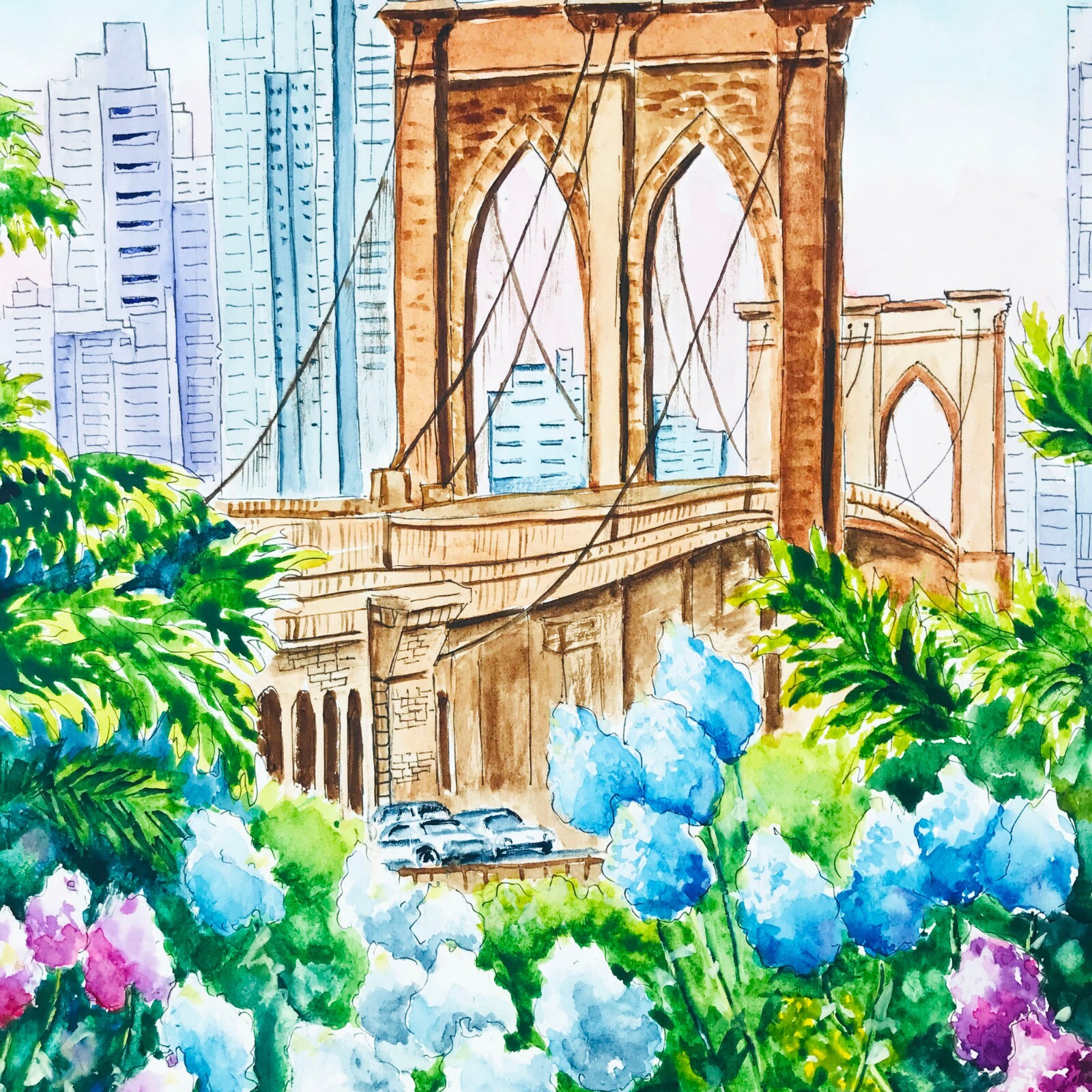 Original Art New York City Watercolor Brooklyn Bridge Painting NYC 12 x 9″