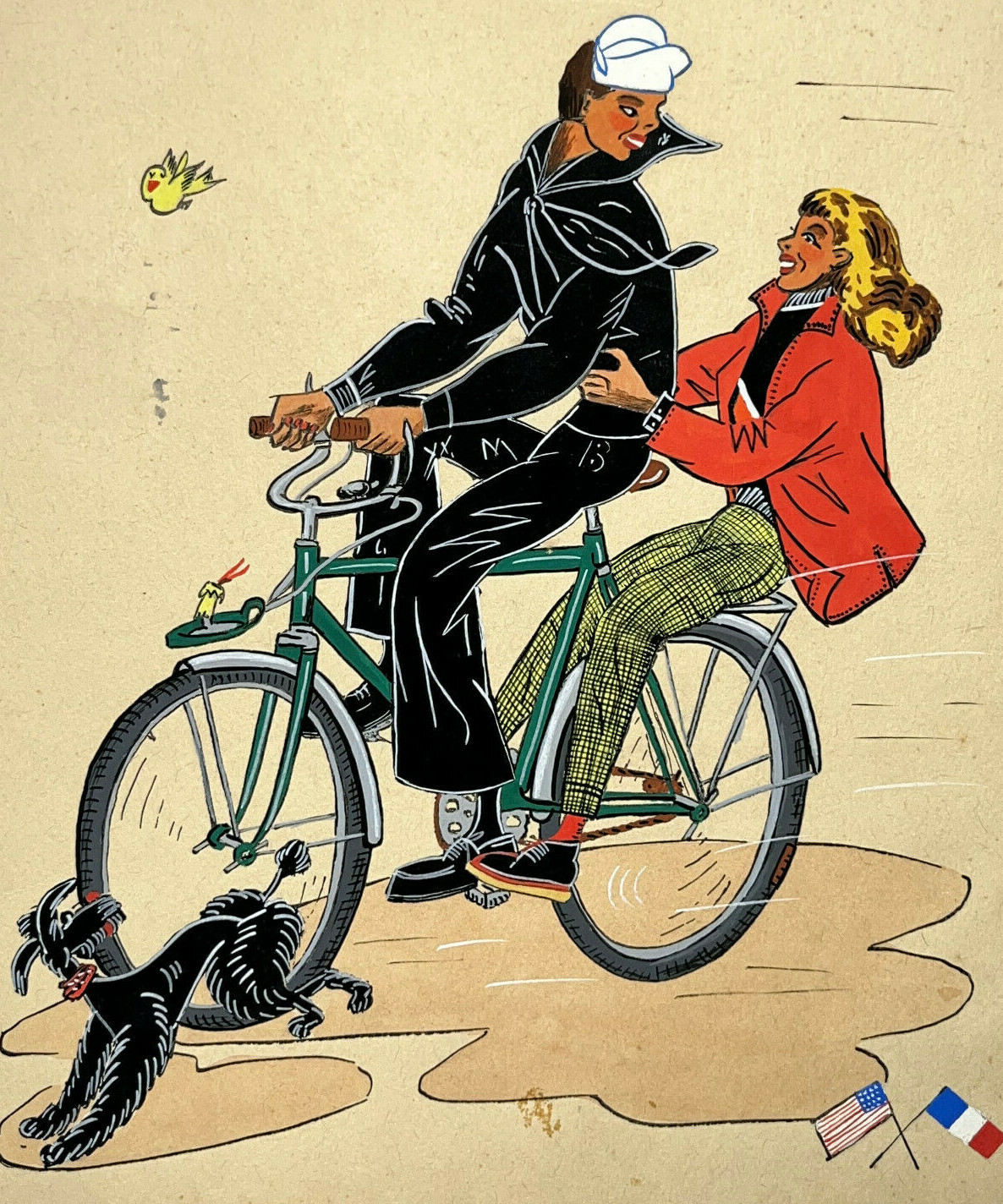 Bicycle Couple France United States Stencil Painting Drawing Poodle XX°