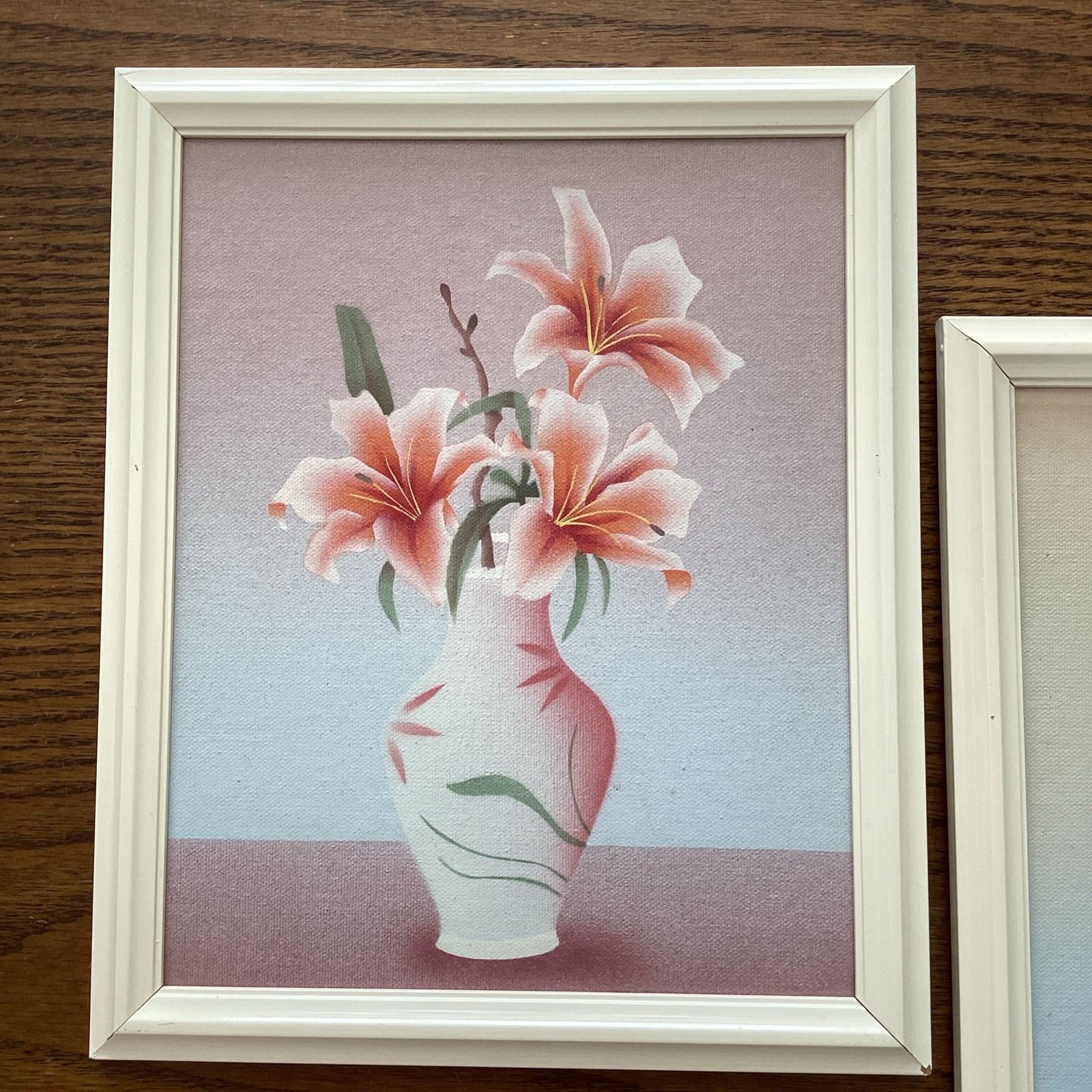 2 Vintage Framed Art Floral Still Life Painting Tiger & Peace Lily Set of 2
