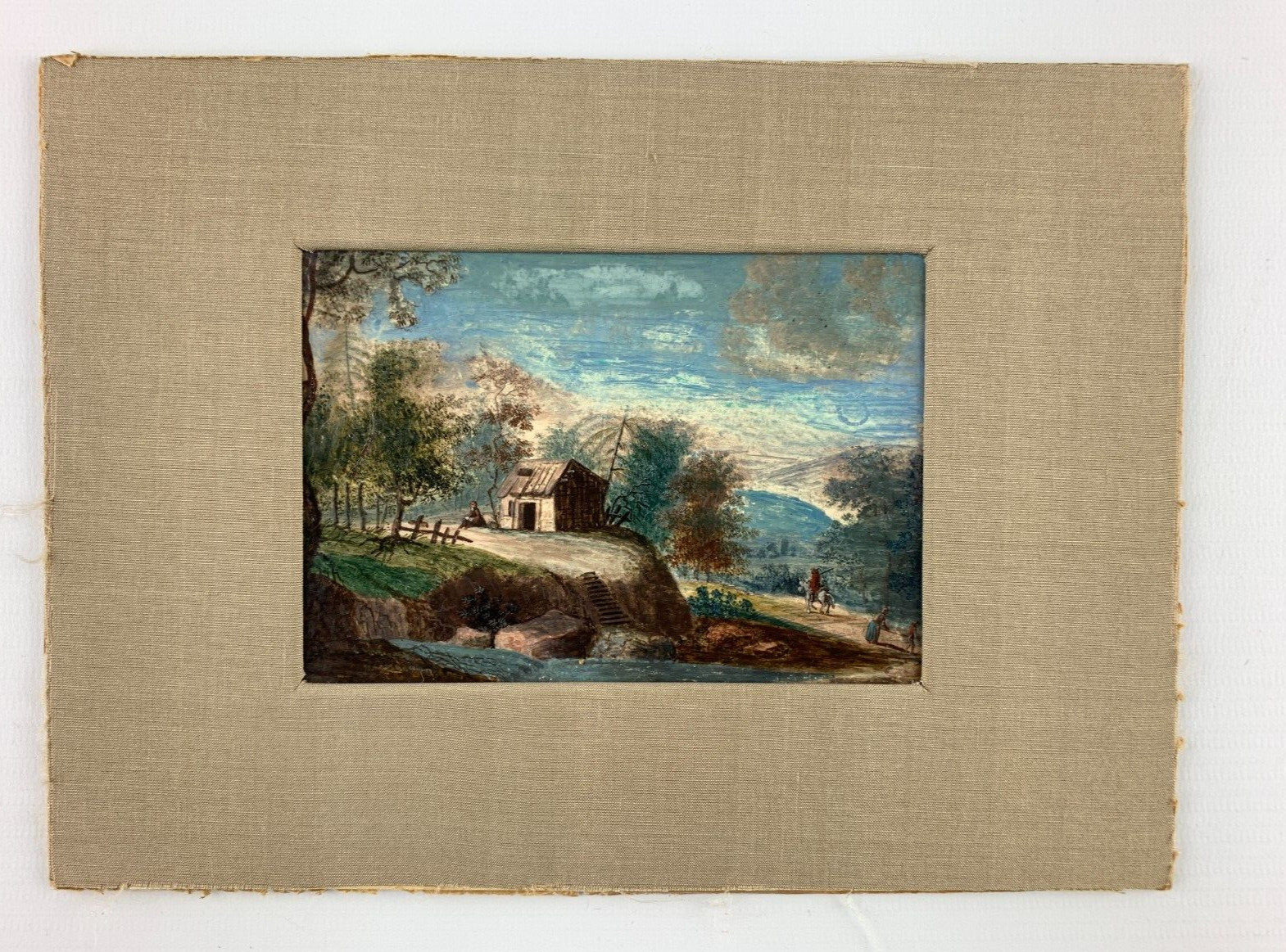 Unsigned Miniature Painting Gouache on Painting Board 18th century riders in the mountains
