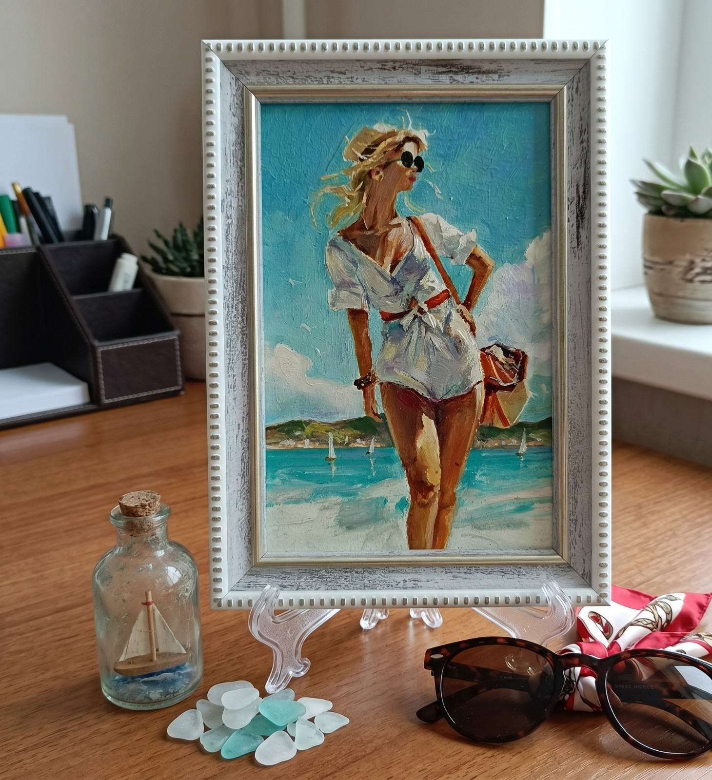 Beach Girl Original Oil Painting 4×6 Framed Signed Woman Sea Beachfront Art