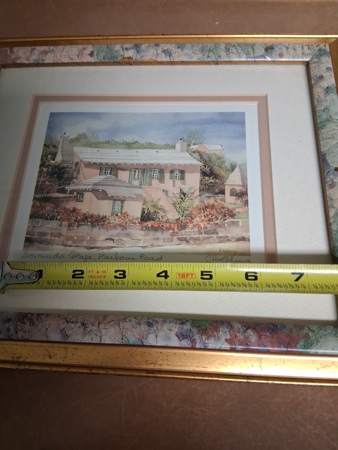 Framed C. Holding Signed BERMUDA COTTAGE HARBOUR ROAD Watercolor Print Art