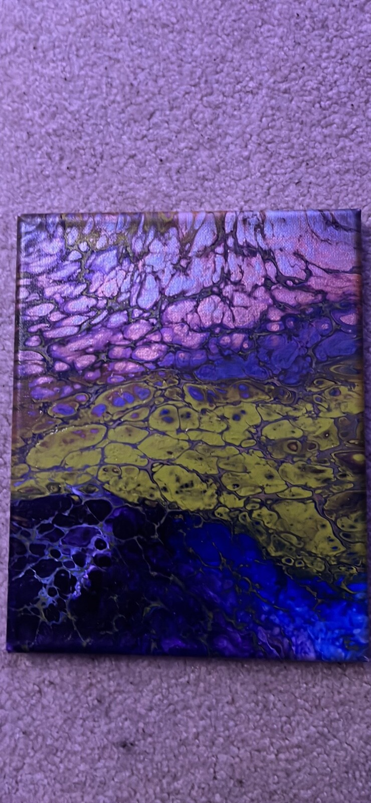 New abstract painting on small about 9.5” by 8” dark blue, green, pink, purple