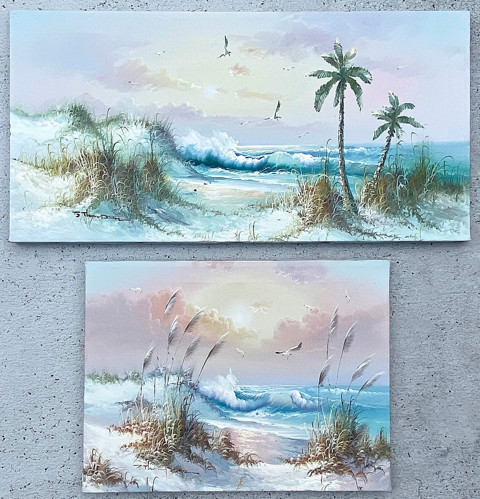 S Thompson Seashore Seascape Themed Oil on Canvas, 2 Original Paintings