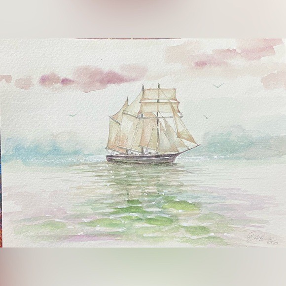 Original Ship Watercolor Painting schooner Art Sailing Sea seascape Artwork USA