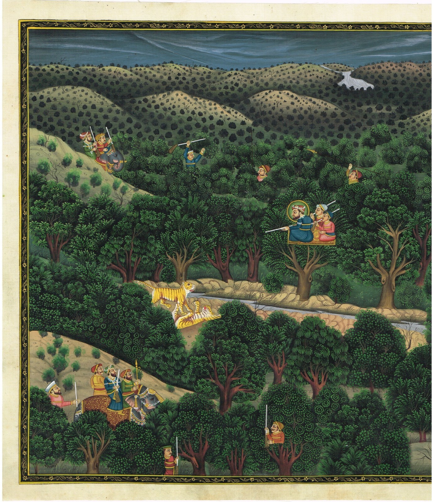 Hand Miniature Painting Of Indian Hunting Scene On Silk Cloth 17.5×13.5 Inches