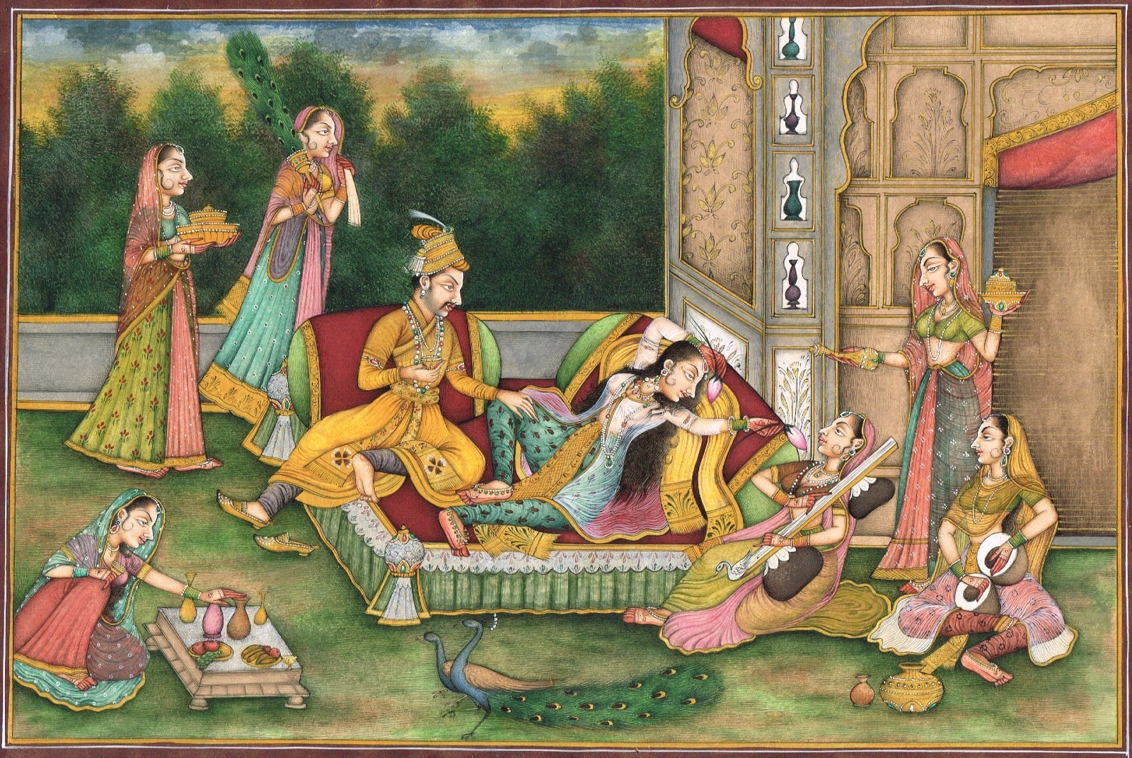 Handmade Mughal Painting – Royal Couple with Attendants Court Artwork 13X9″