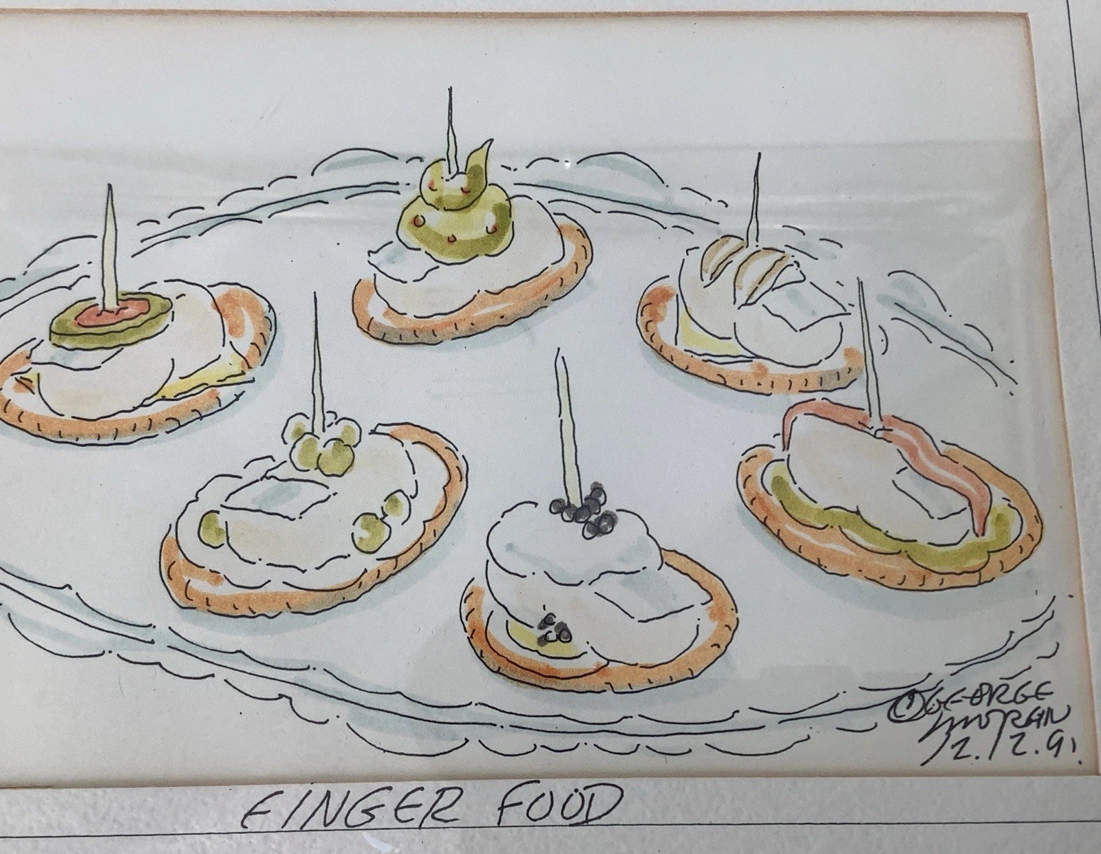 Vintage George Moran Signed Art Original Watercolor «FINGER FOOD» 2-17-1991