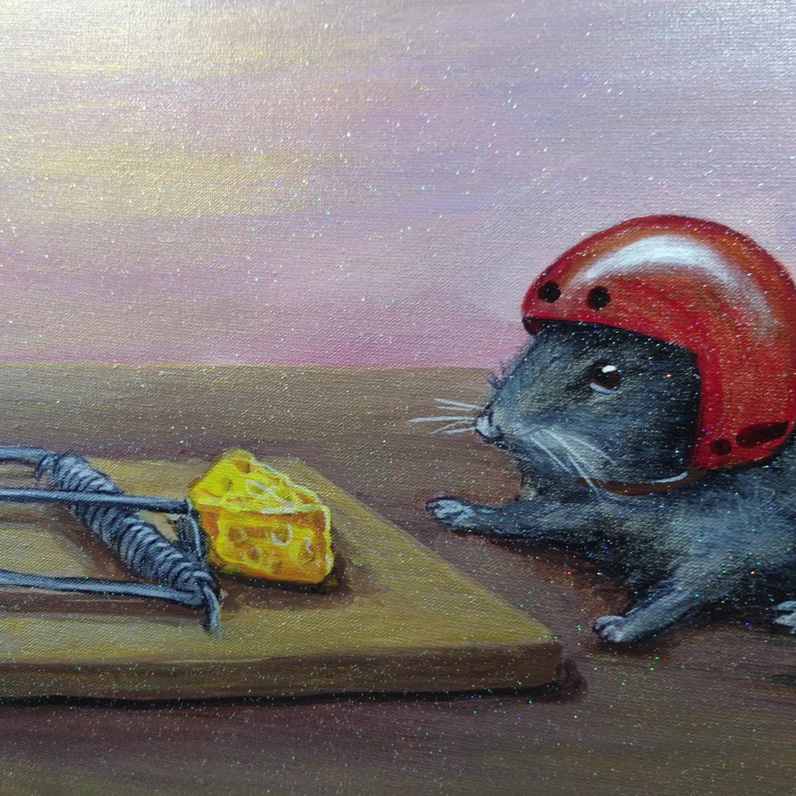 Original Acrylic Painting Thinking Mouse Red Helmet Cheese Trap Canvas Wall Art