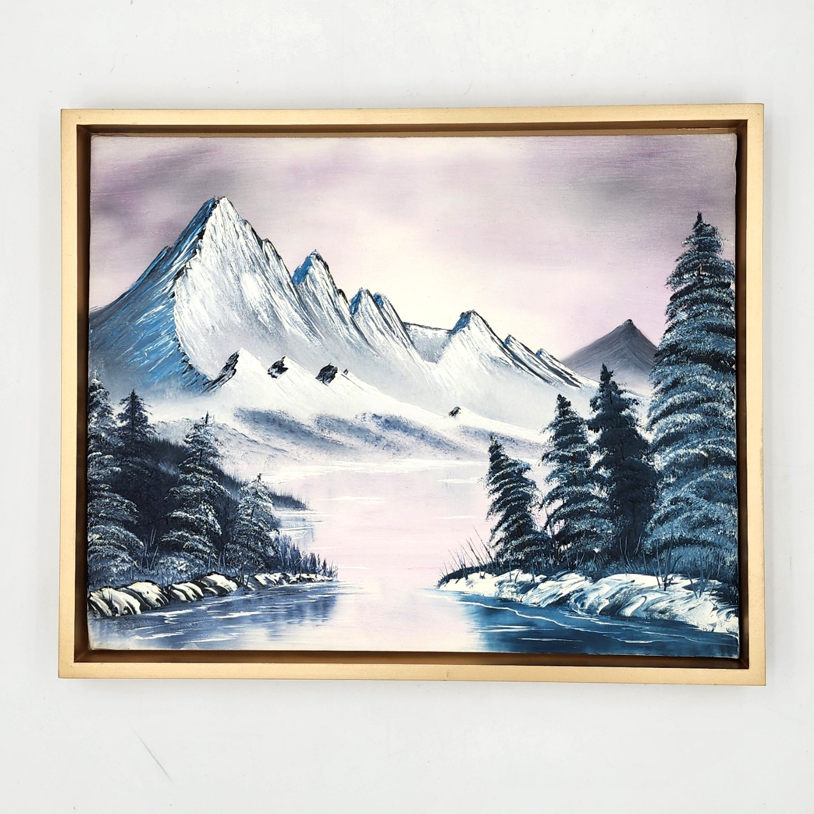 Original Bob Ross Style Winter Landscape Oil Painting Mountain Scene 16×20 Frame
