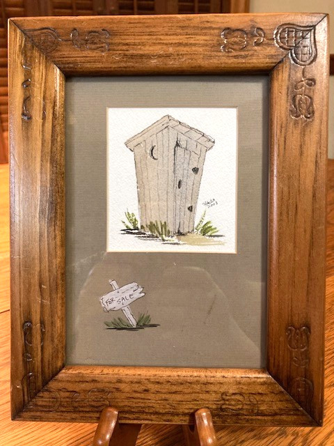 Theda Hewuse Orginal Art Outhouse Watercolor in Vintage Hand Carved Wood Frame