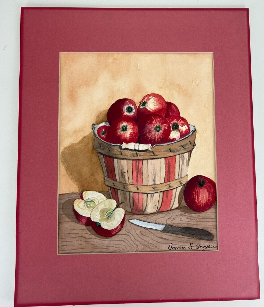 Still Life Painting Artwork Modern Apples in a Basket on Table Knife Emma Aragon