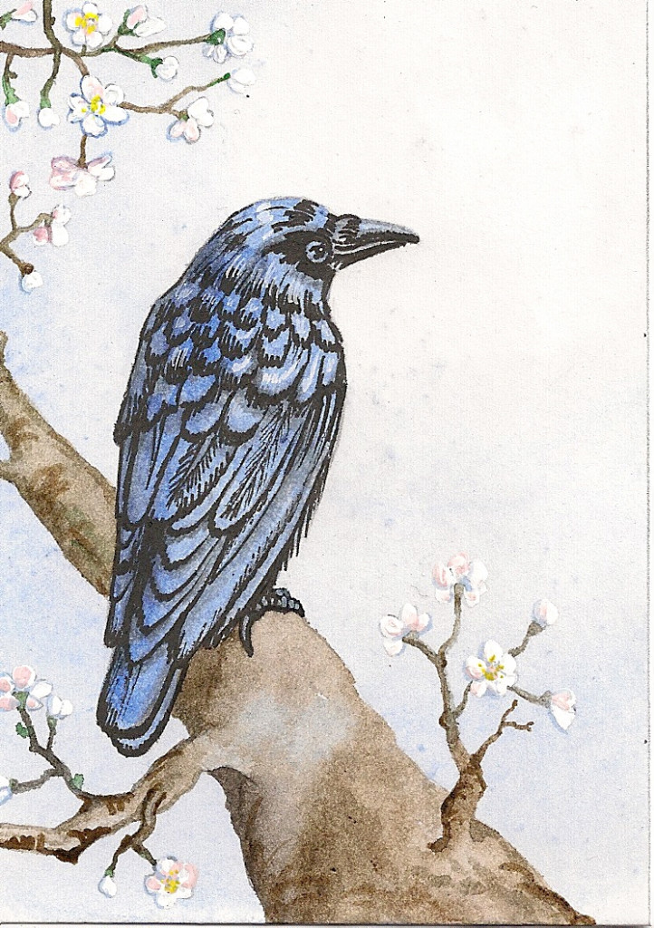 4×6 PRINT OF PAINTING CROW RAVEN RYTA APPLE FLOWERS SPRING FOLK WHIMSICAL Art 🌸