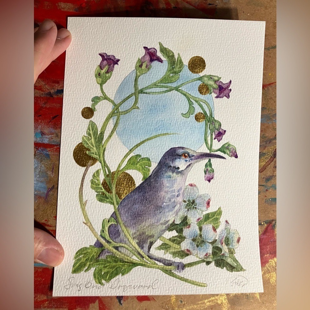 Original bird Painting blossoms art nouveau surreal gold accents garden Ettina