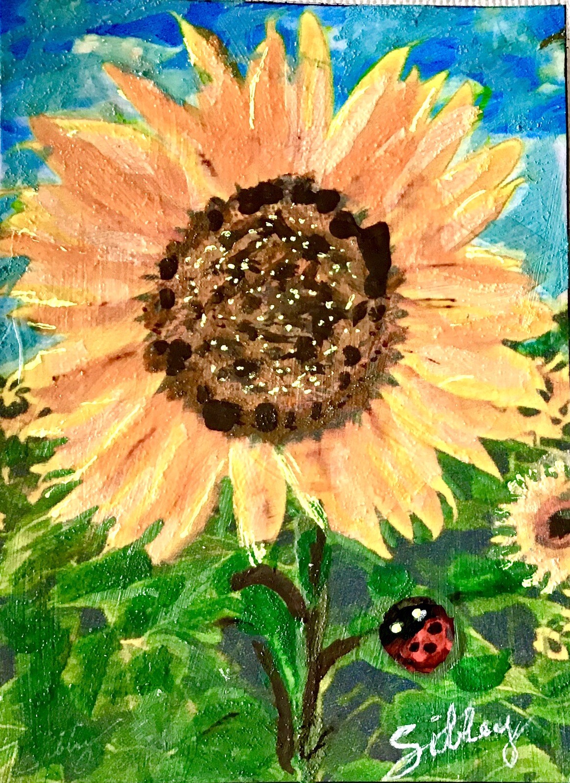ACEO Card With Easel Original Painting Colorful SUNFLOWER & LADYBUG 2.5×3.5”