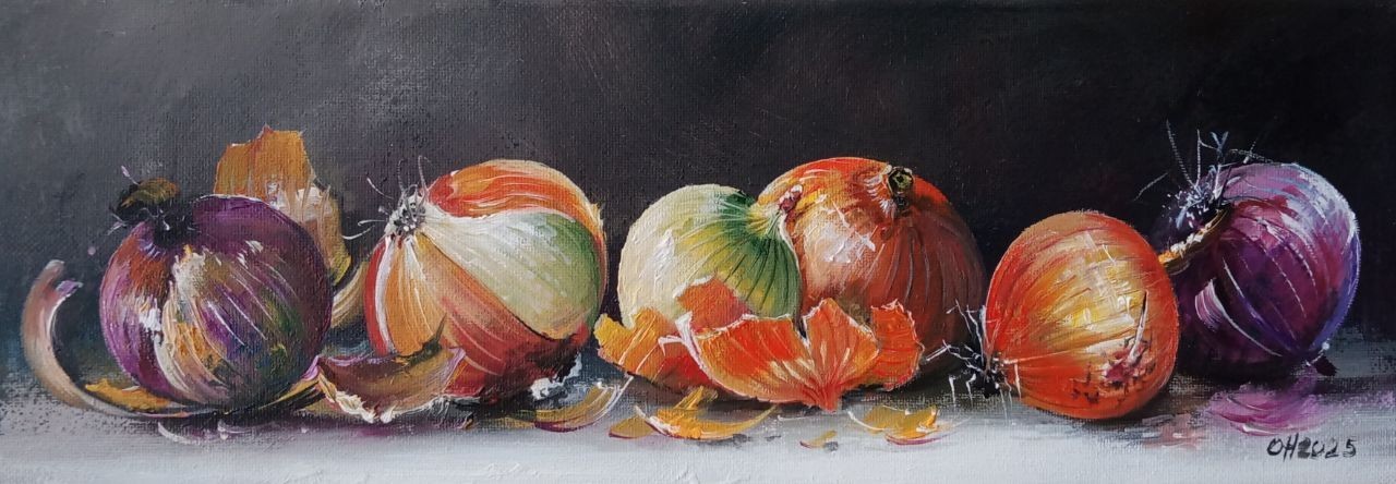 Original Oil Painting Still Life Onions Kitchen Vegetables Realism 2025 Signed