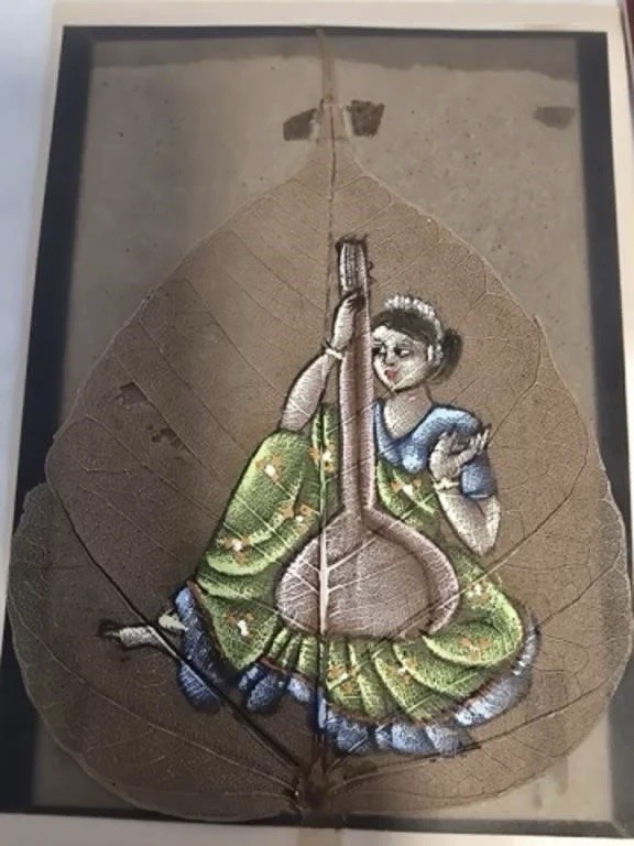 Hand Painted Oil Color on Skeleton Pipal Tree Leaf Indian Radha Krishna