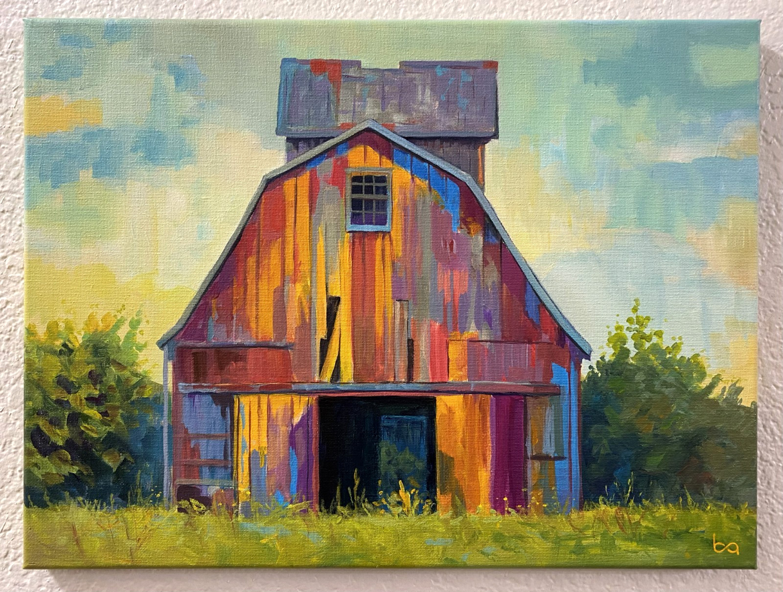 Colorful Red Barn Original Acrylic Painting Farmhouse Country Landscape Wall Art