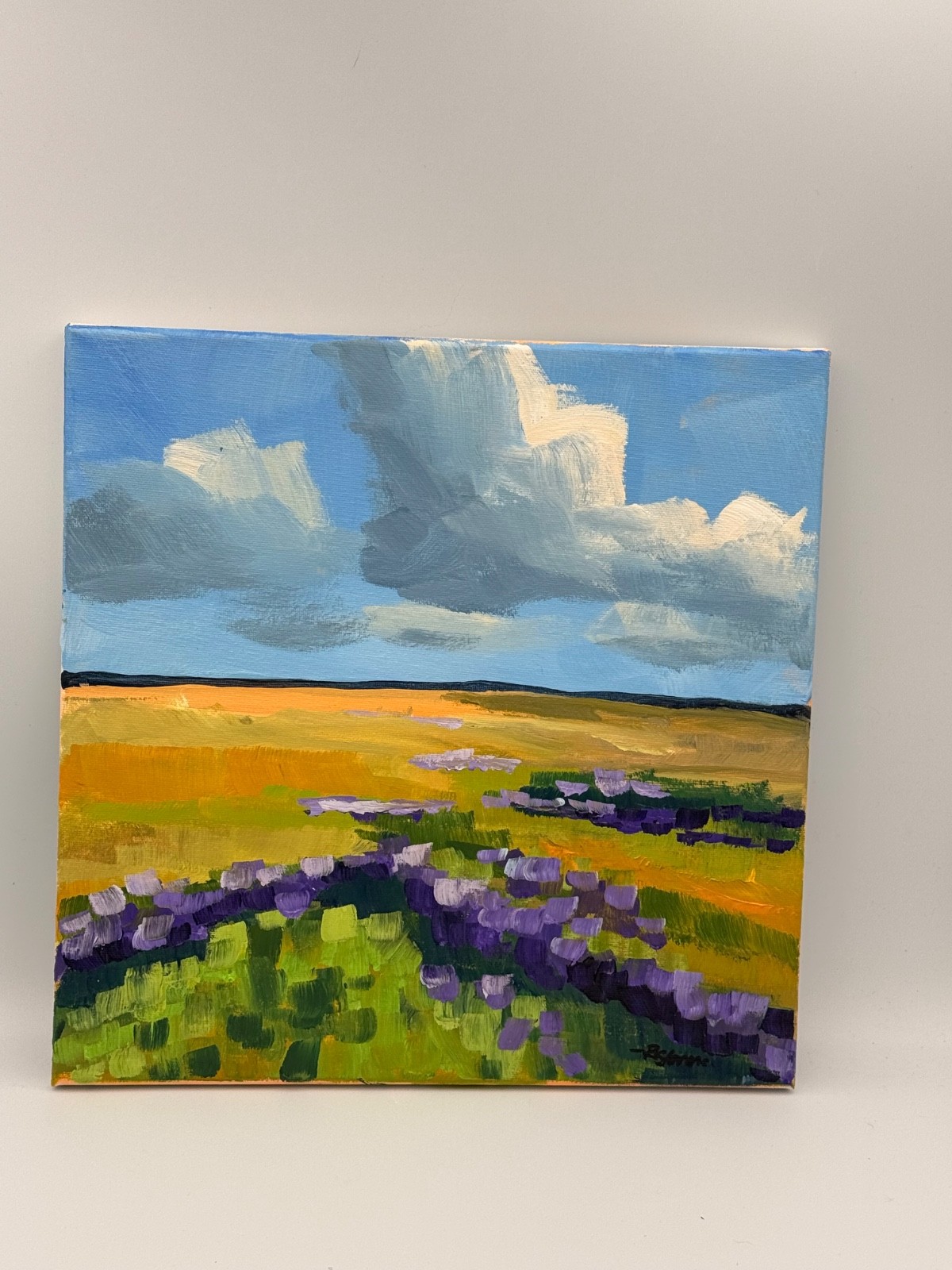 R Stevens Original Acrylic Landscape Painting Purple Flowers Field Clouds 12×12