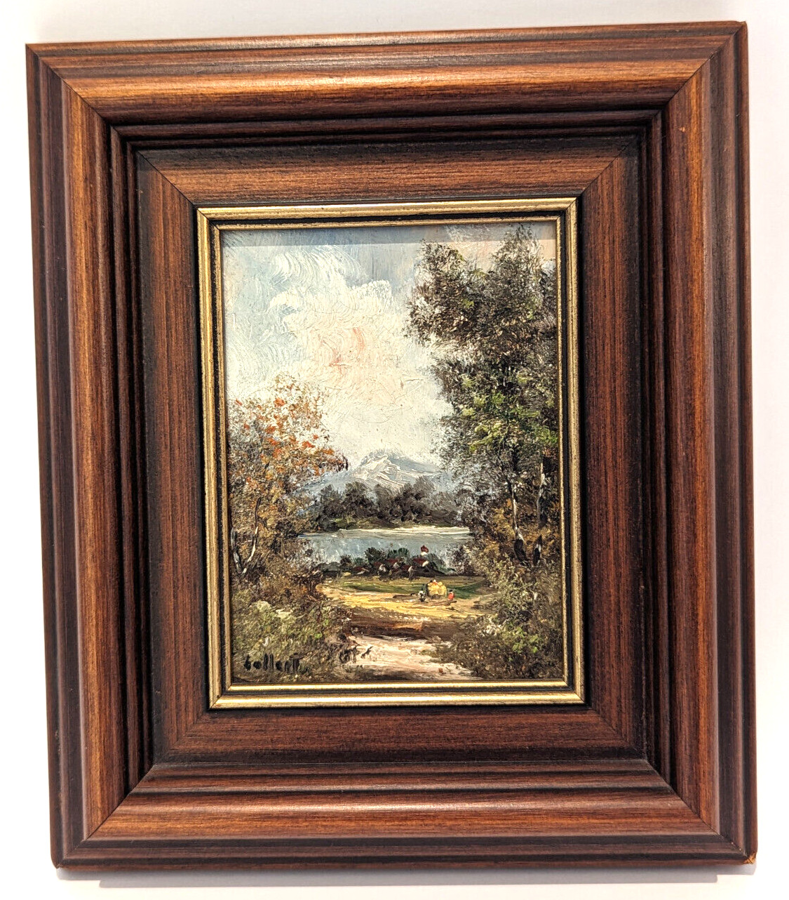 Oil painting G. Gallert * 1927 original signed miniature | view of lake and mountains