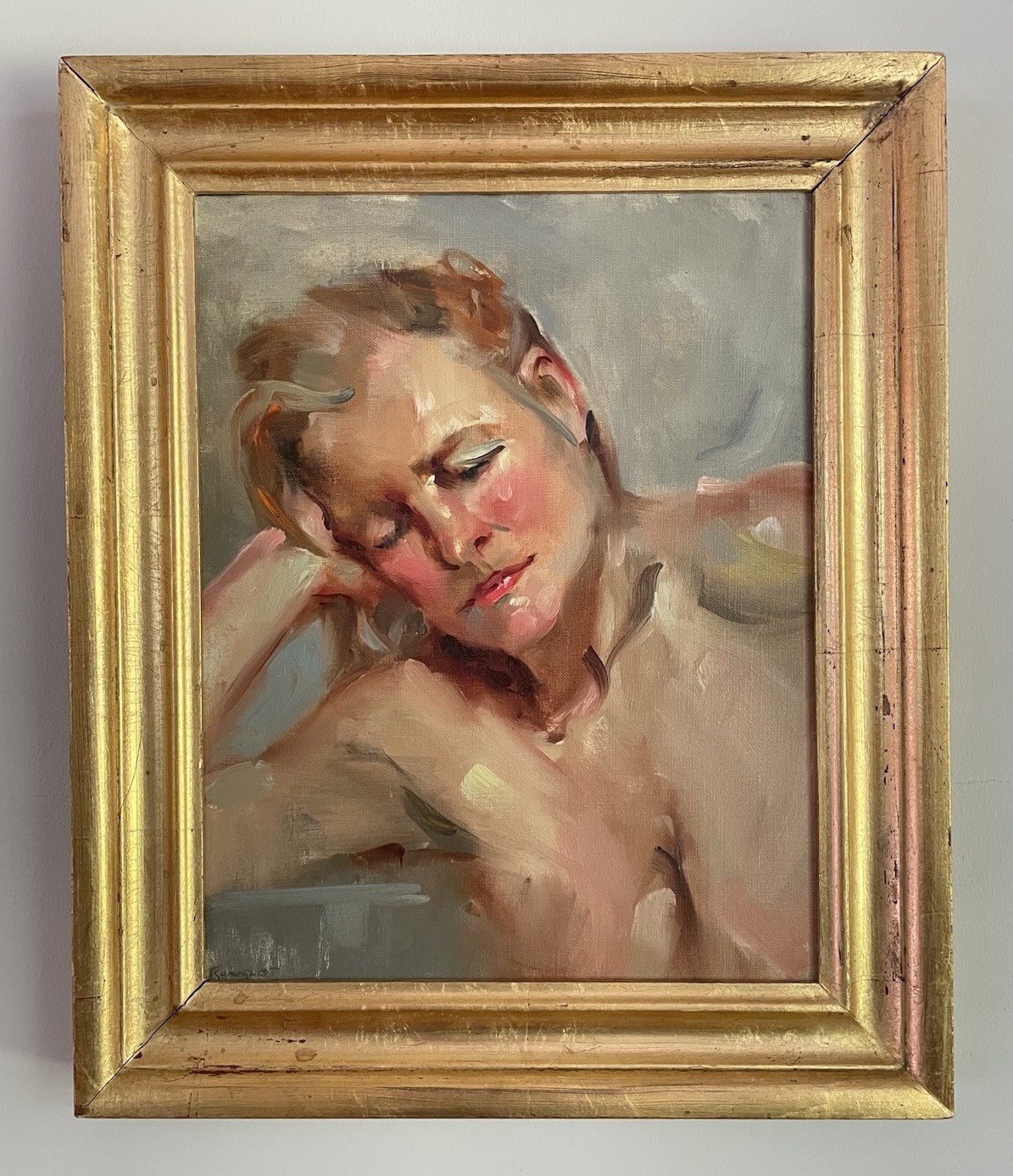 Framed Original Painting of Solemn Woman Figure Portrait Impressionist Signed