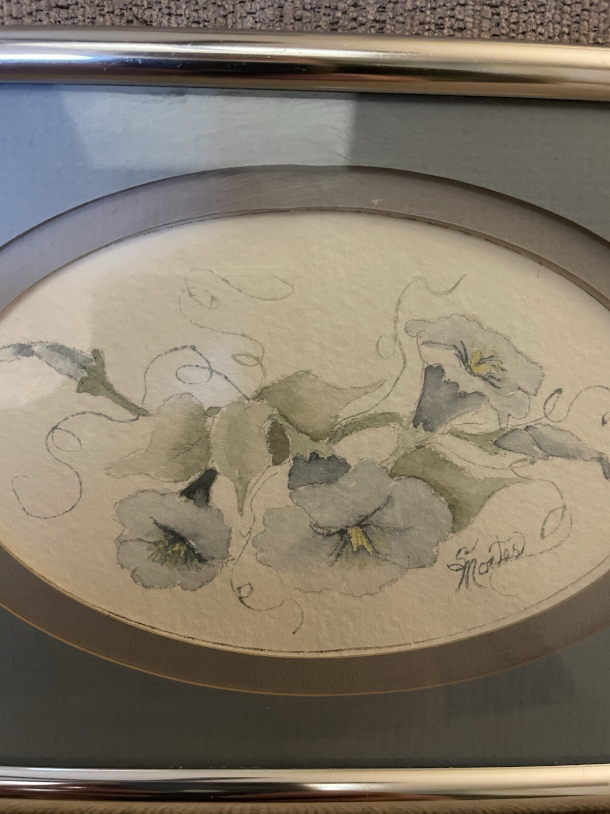 Hand Painted Watercolor Blue Morning Glories Signed And Framed