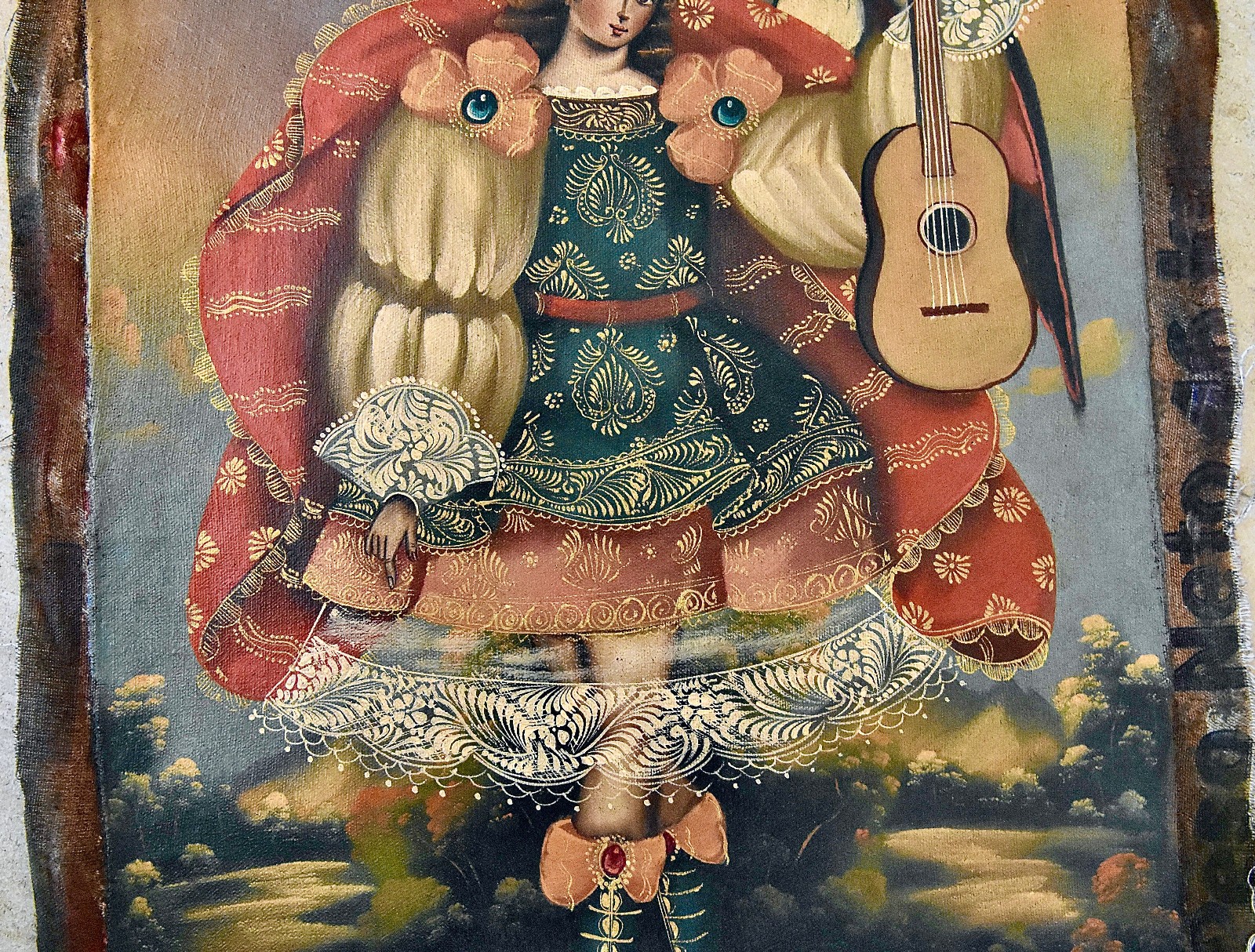Vtg LOVELY Archangel Angel MUSICA GUITAR Cusco School Peru Original Oil Painting