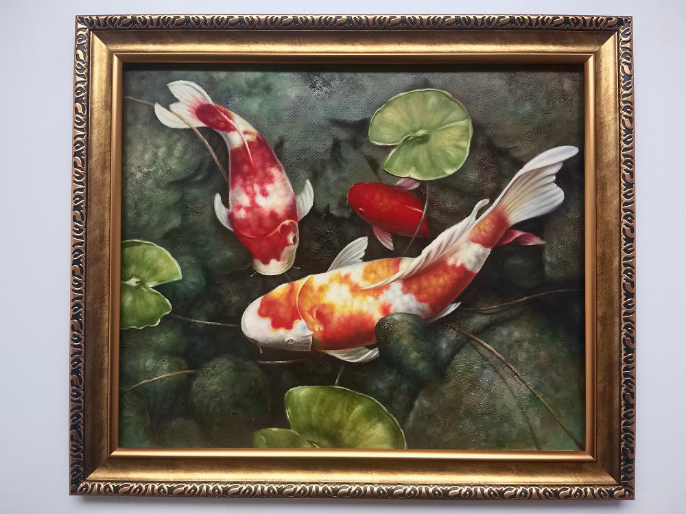 Framed Art Classical Feng Shui koi fish Oil Painting Hand painted Canvas Decor