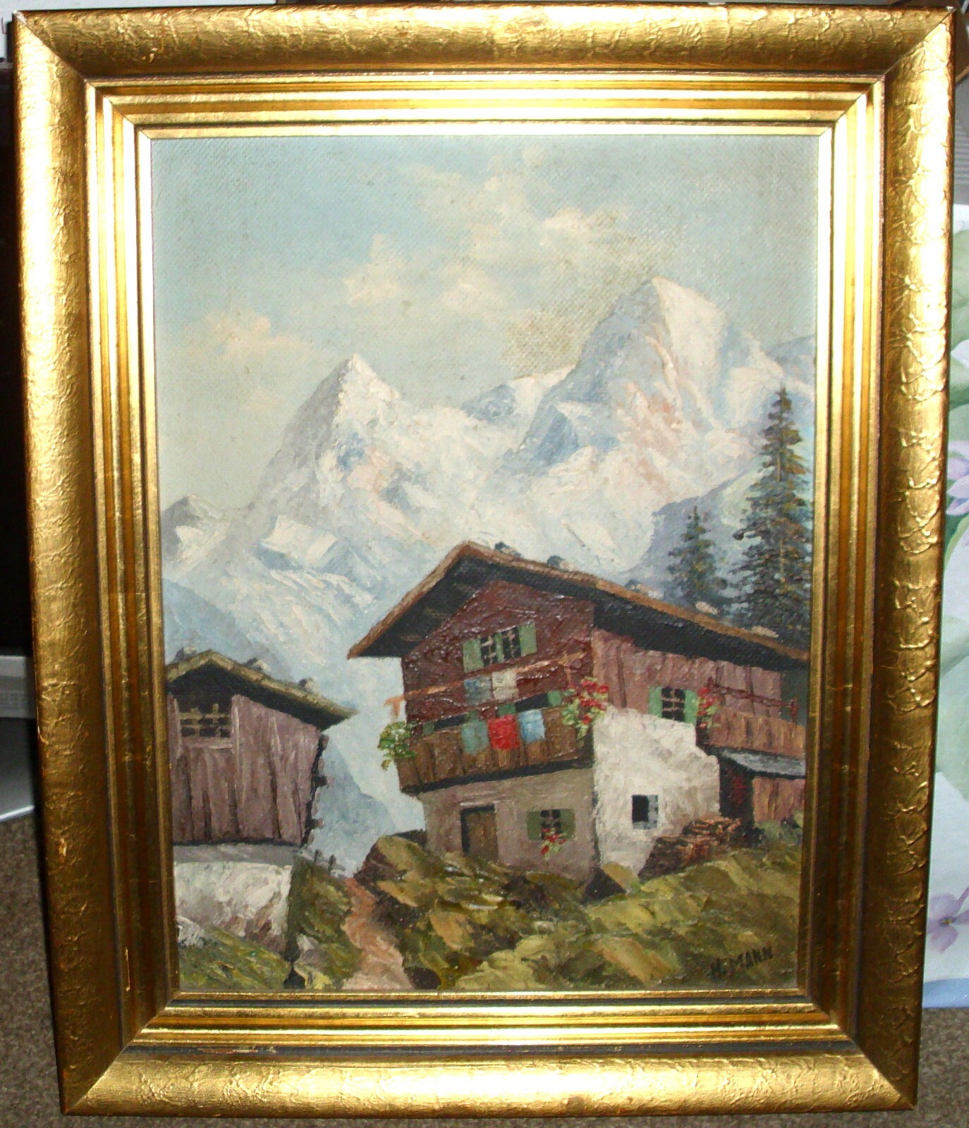 HARRINGTON MANN VINTAGE OIL ON BOARD DEPICTING A SWISS CHALET W/SWISS ALPS RARE