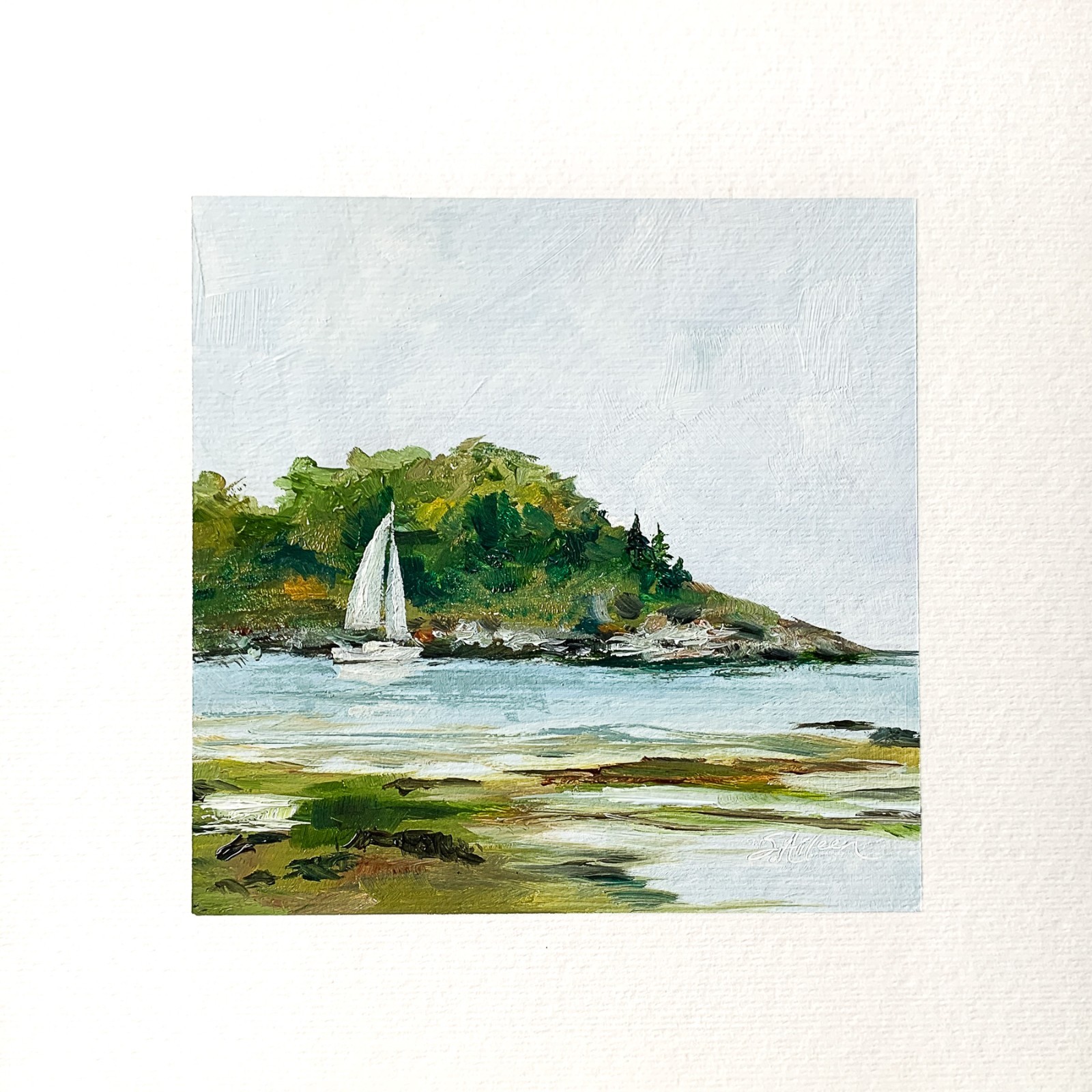 8×8 Maine Original Oil Painting Seascape New England Sailboat Coastal Art Signed
